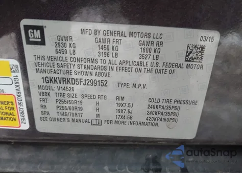 2015 GMC Acadia Slt-1 из США, поврежденный, VIN 1GKKVRKD5FJ299152